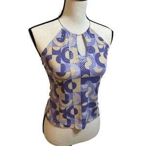 Y2K Abstract Print Sequined Halter Top with Built-In Metal Choker